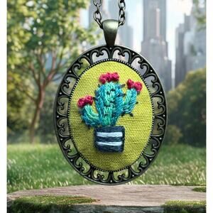 Embroidery Cactus Pendant ~ Handmade Jewelry